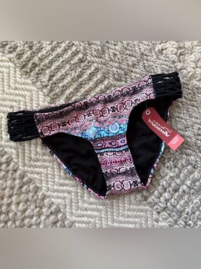 Arizona  Pink teal Black silver Patterned Bikini Bottoms juniors small nwt $36